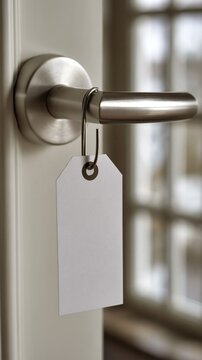 Blank white paper tag hanging on a modern metal door handle with soft blurred background