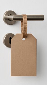 Blank brown paper tag hanging on a modern metal door handle with copy space for custom branding