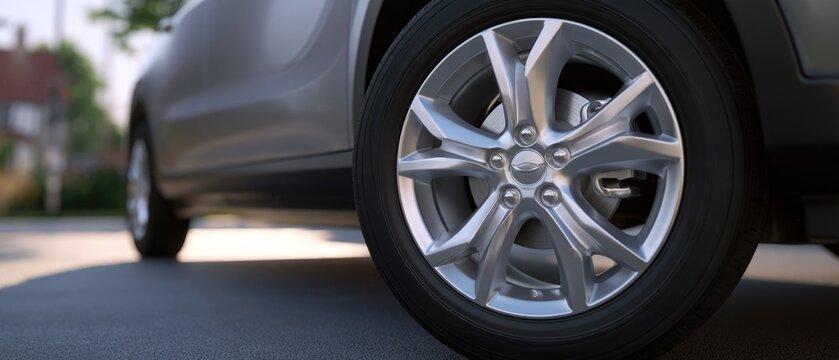 Close up of a modern silver car wheel and alloy rim parked on an asphalt road with copy space