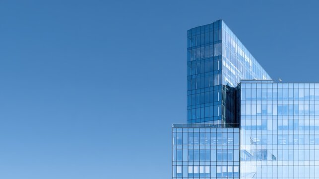 Modern glass skyscraper exterior against a clear blue sky with copy space for corporate branding