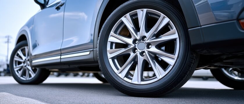 Close up of a modern SUV car wheel and alloy rim parked on an asphalt road surface