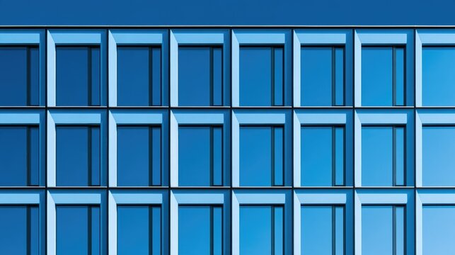 Modern office building facade with repetitive blue glass windows and geometric architectural pattern