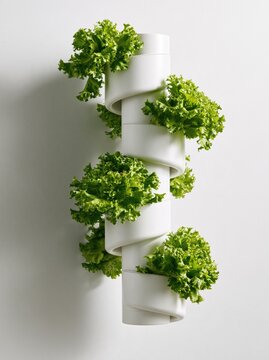 Vertical hydroponic tower with fresh green lettuce growing on a white wall with copy space