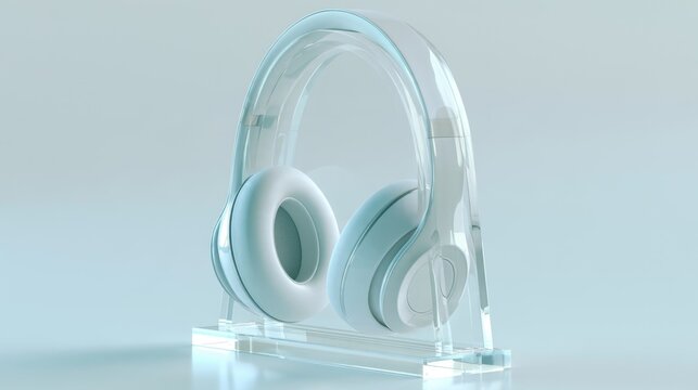 Modern light blue wireless headphones on a clear acrylic display stand with soft studio lighting