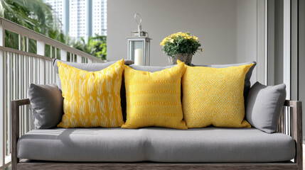 Fototapeta premium Yellow cushion grey sofa outdoor balcony modern decor sunlight city view relaxing comfortable seating