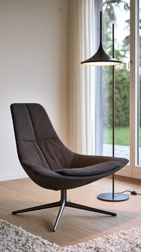 Modern dark grey armchair and floor lamp in a bright minimalist living room with copy space