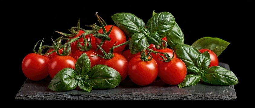 Fresh cherry tomatoes and green basil leaves on a black slate board with dark background