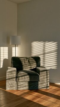 Modern armchair in a minimalist living room with soft window light shadows and copy space