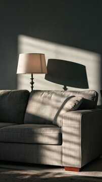 Modern grey sofa with floor lamp in a minimalist living room interior with soft natural light