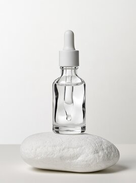 Clear glass dropper bottle with serum standing on a white stone with copy space for skincare brand