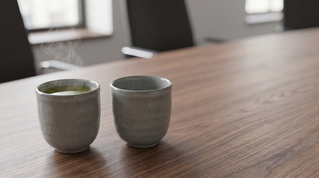 Two identical teacups one full one empty on walnut table handover succession concept