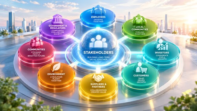 Glowing circular stakeholder organization chart diagram on reflective rooftop surface. Concept of corporate governance strategy, business ecosystem management, and investor relations planning.