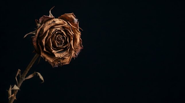 Dried rose against dark background symbolizing decay and beauty