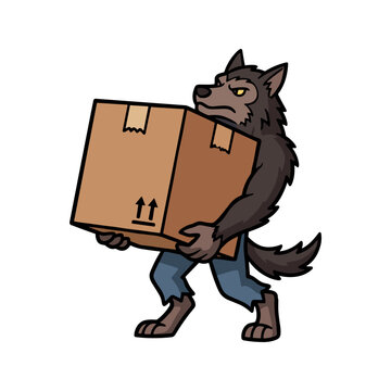 Strong werewolf monster character carrying heavy cardboard box for delivery service illustration