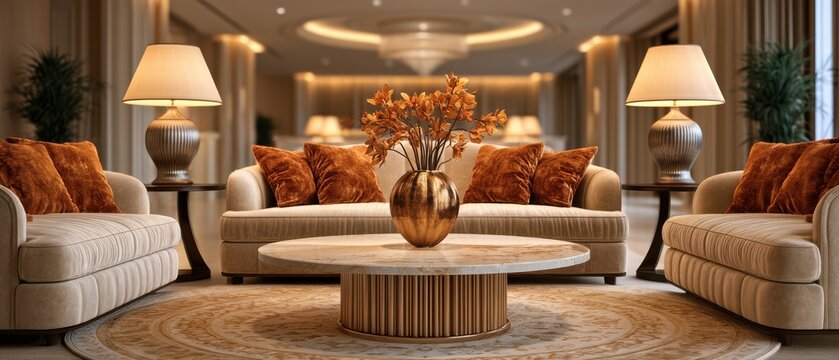 A luxurious corporate reception lounge in a high-end office featuring modern furniture, elegant design, and a professional atmosphere for business meetings and client welcomes.