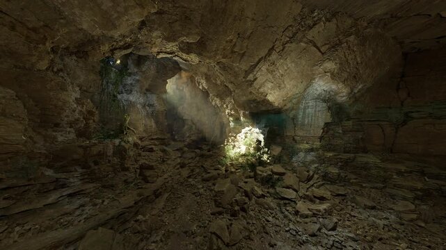 Vast cavern mammoth cave system with twin light shafts and central verdant island, rugged floor strewn with boulders conveying dramatic scale and grandeur.
