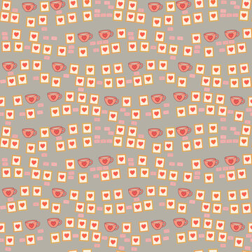 Seamless pattern of cups with hearts and framed hearts