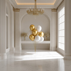 Obraz premium Elegant ballroom with gold and white balloons, marble floor, grand chandelier, classic columns, luxurious decor