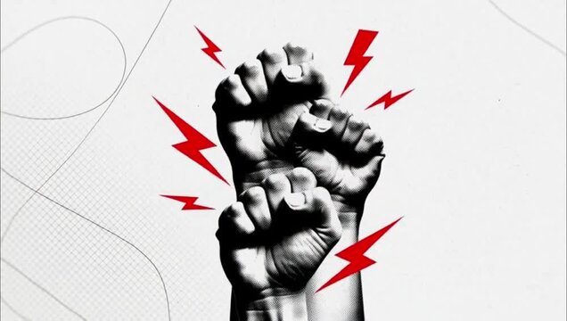 Symbolic illustration of raised fists with red lightning bolts representing protest and resistance.