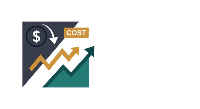 Modern financial infographic with upward arrows and a decreasing cost icon representing cost reduction and profit maximization, ideal for business presentations, financial planning reports and
