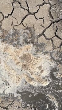 Top down view of polluted bubbling muddy water on cracked dry earth