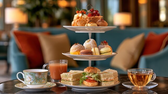 A premium afternoon tea stand set featuring delicate pastries and colorful macarons arranged elegantly for a refined and stylish tea experience.