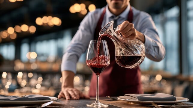 A professional sommelier elegantly pours aged red wine from a crystal decanter, showcasing expertise in wine service and fine dining ambiance.