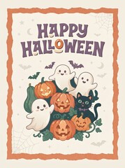 Fototapeta premium HAPPY HALLOWEEN Cute Poster with Ghosts, Pumpkins, Cat and Bats