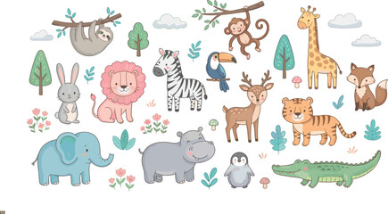 Fototapeta premium Cute Safari and Jungle Animals Clipart Vector Illustration Set with Lion Elephant Giraffe Zebra Tiger Sloth Monkey and Crocodile for Nursery Wall Art Design