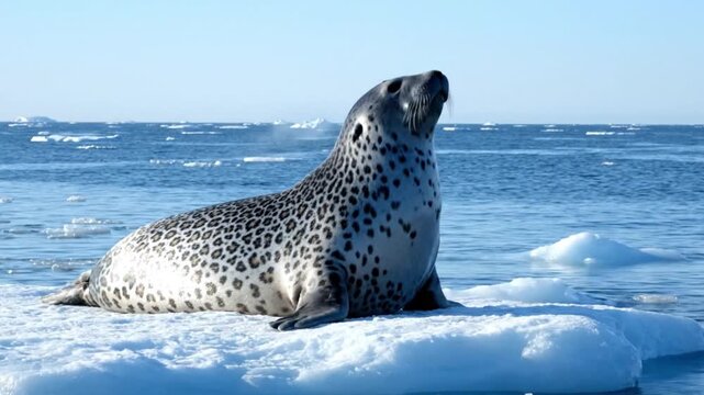 Large Spotted Seal Resting on a Floating Ice Block in the Middle of the Blue Antarctic Ocean Waters