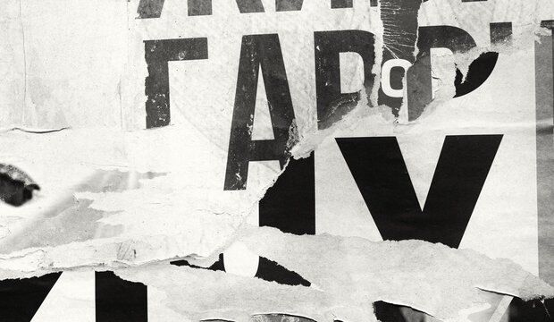 Old ripped torn black and white fly posters textures backgrounds grunge creased crumpled paper vintage collage placards empty space for text