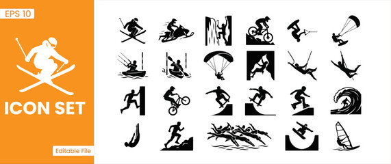 Fototapeta premium Extreme Sports And Outdoor Action Silhouette Icon Set Vector Illustration