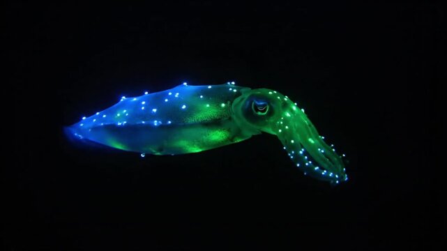 Mesmerizing Bioluminescent Squid Glowing with Vibrant Blue and Green Neon Lights in the Deep Dark Ocean