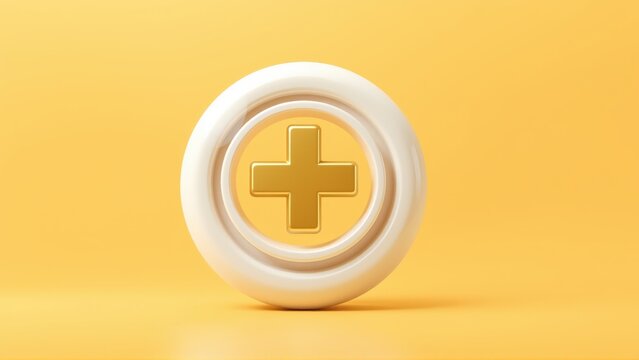Golden plus symbol inside circular frame. Creamy white outline, soft yellow background. Simple medical icon, clean design.