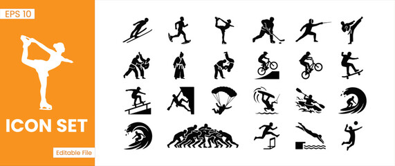 Fototapeta premium Winter En Extreme Sports Athlete Activity Silhouette Icon Set Vector Illustration