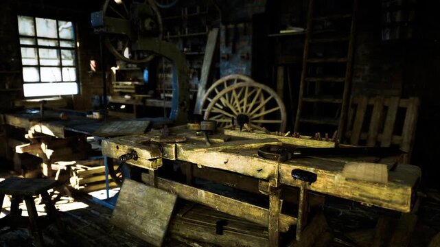 Sunlit workbench crowded with tools. Closeup of chisel, mallet, plane rests, greasy surfaces, scattered wood shavings, tactile focus on craftsmanship, editorial