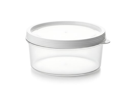 Clear plastic food container with a white lid for kitchen storage