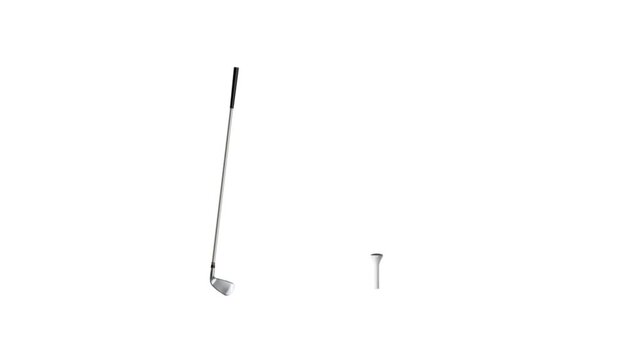 3D animated golf club iron standing next to a white golf ball on a tee against a white background