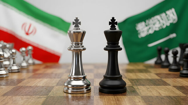 Chess kings facing each other with Iran and Saudi Arabia flags in background