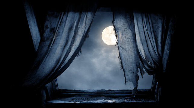 Spooky window with torn curtains and full moon   