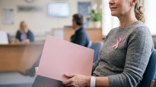 Woman wearing pink ribbon holds medical folder in clinic waiting room area