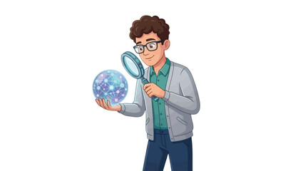 Fototapeta premium Man examining futuristic globe with magnifying glass in scientific manner