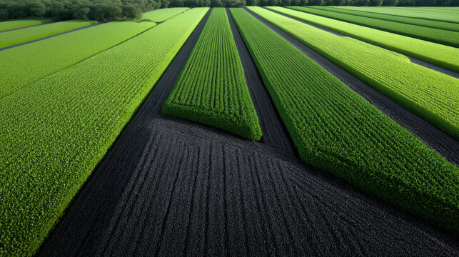 Large scale agricultural farm, green crop field, aerial view, summer, rural landscape, vibrant color