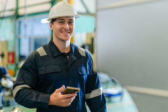 Portrait Engineer Caucasian Male Worker Happy Smiling in Workplace Heavy Industry Factory