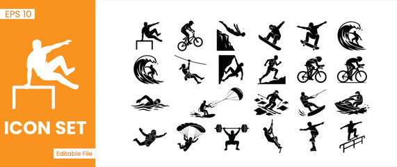Fototapeta premium Extreme Sports And Outdoor Adventure Silhouette Icon Set Vector Illustration