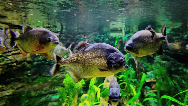 School of Piranhas Swimming in a Vibrant Aquarium Environment