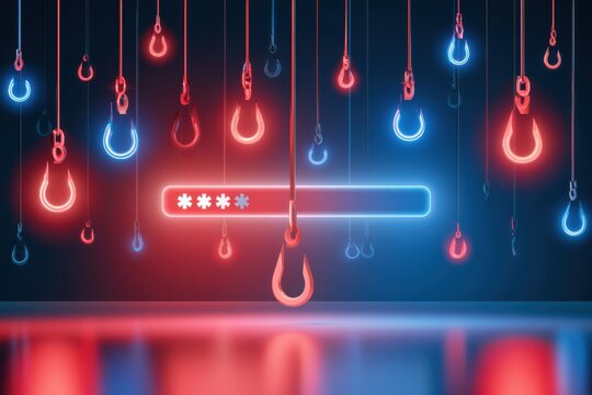 Glowing password field dissolving into neon fishing hooks with red and blue lighting