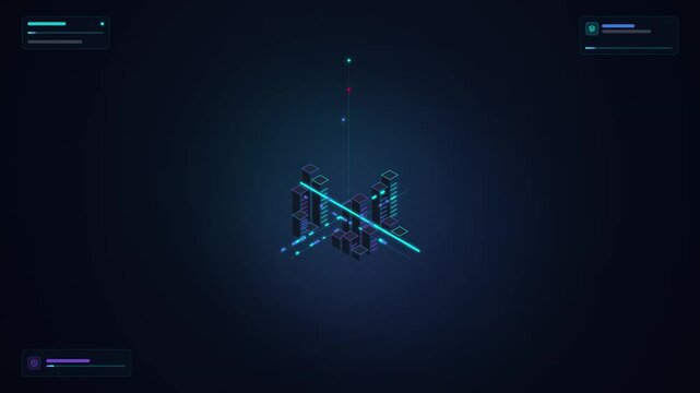 Isometric digital city skyline animation with glowing data lines and futuristic interface elements
