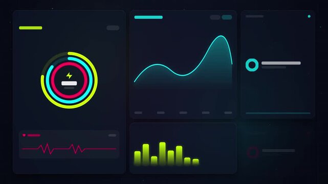 Digital dashboard interface with animated data visualization charts and energy monitoring metrics