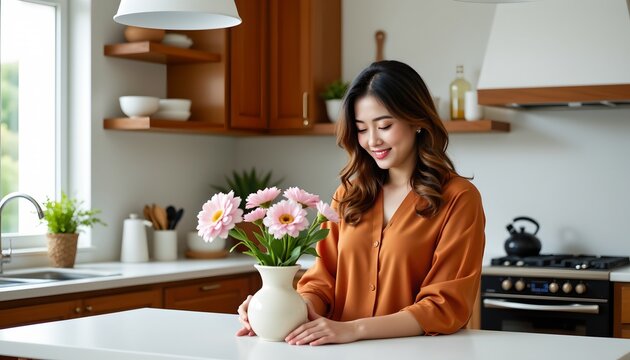 A woman with wavy, shoulder length hair is smiling as she gently holds a white vase filled with pink flowers on a kitchen countertop